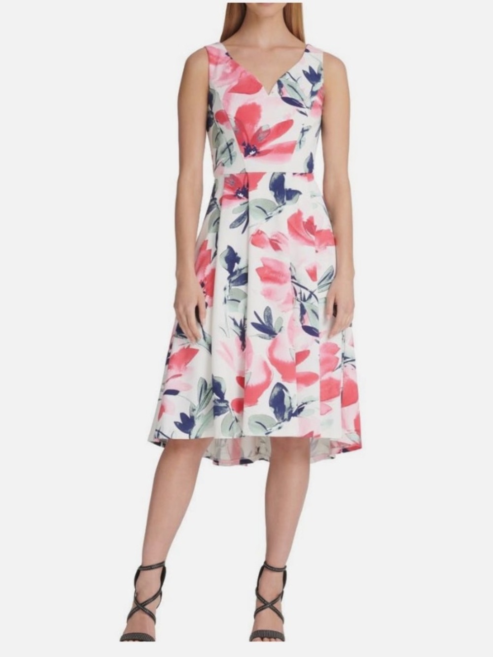 DKNY Floral V-Neck Fit & Flare Dress in White and Pink